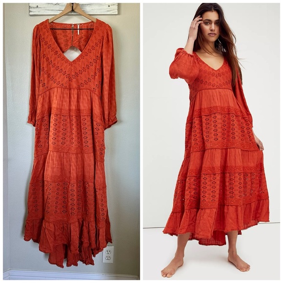 Free People Dresses & Skirts - FREE PEOPLE L Mockingbird Maxi Dress in Rooibos Tea • Rust Orange Floral Eyelet
